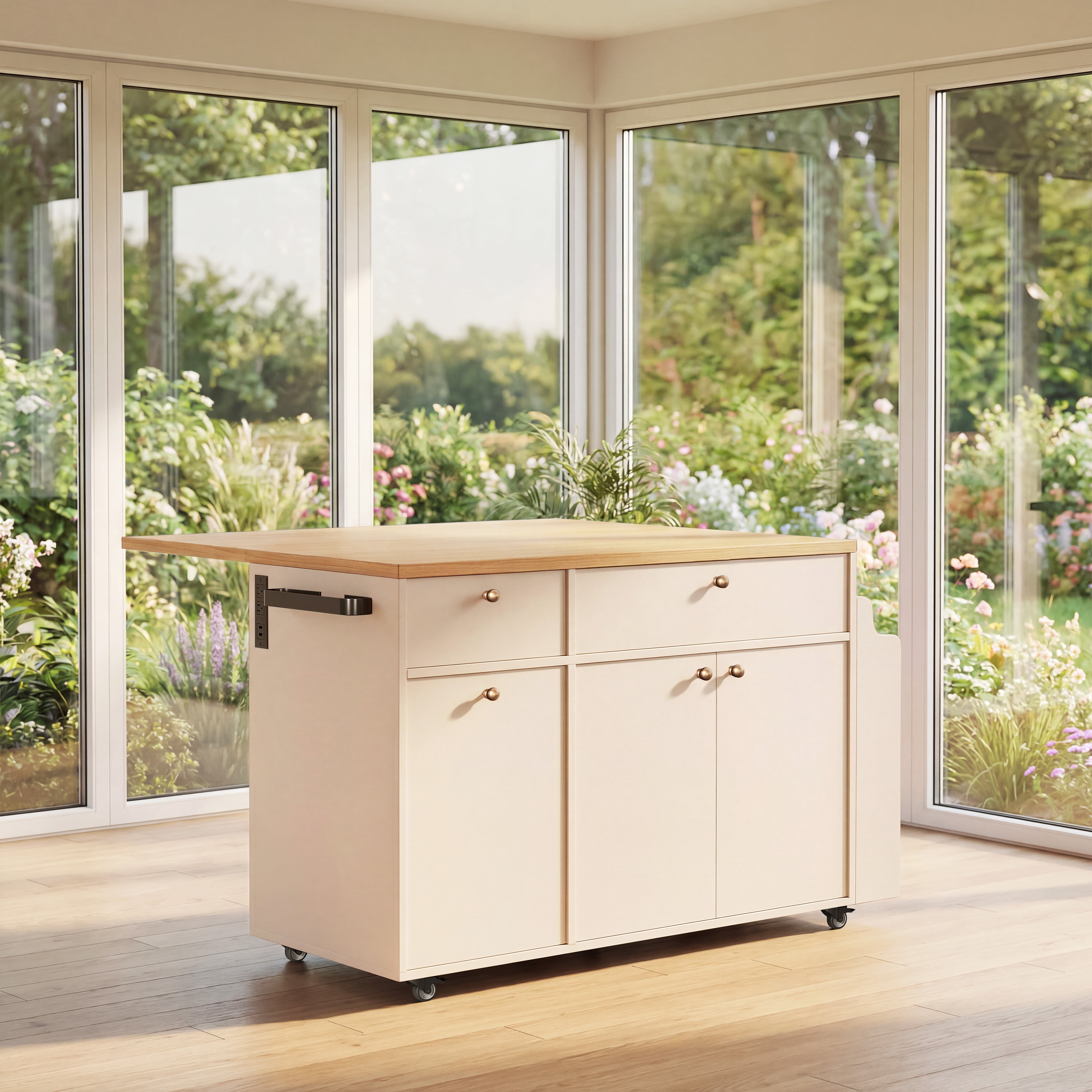 Mintazer Kitchen Island with Storage Rolling Kitchen Island Cart with Drop Leaf Extension, Drawers, Spice Rack, Towel Bar, Mobile Kitchen Cart for Kitchen & Dining Room, White