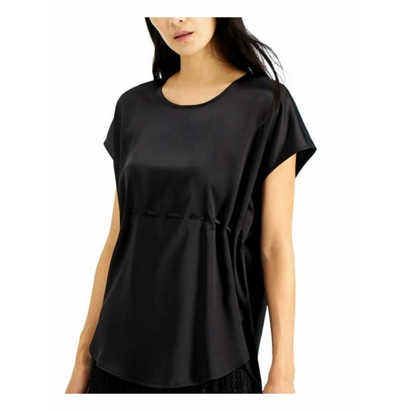 ALFANI Womens Black Mixed Media Drawstring Short Sleeve Jewel Neck Top Size: L