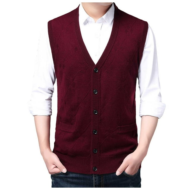 Men's Sweater Vest for Autumn and Winter - Buckle Knit Vest with V-Neck Pure Color Wool Collarless Sleeveless Layering Top Classic Non-Hooded Design for Men