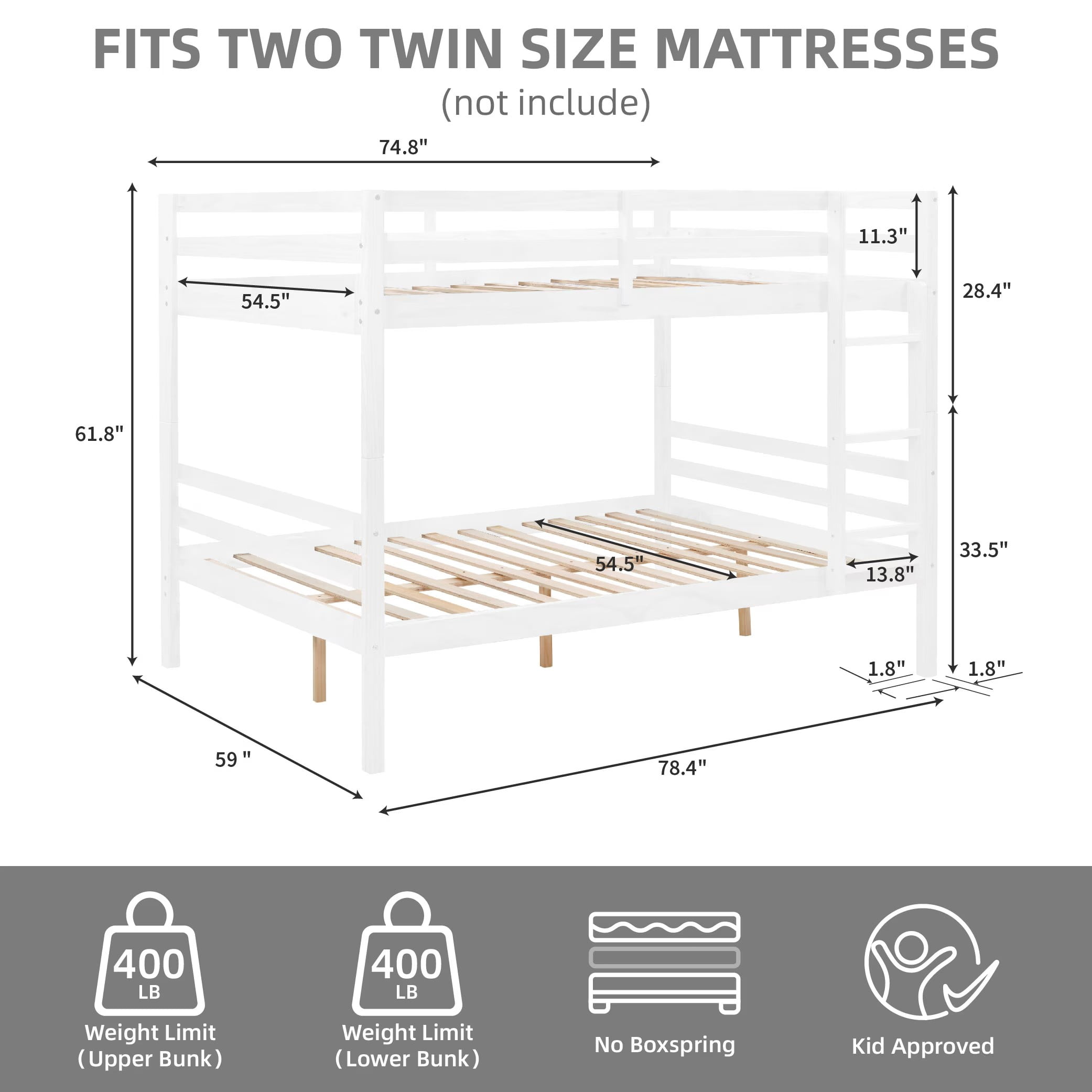 Full Over Full Bunk Bed, Solid Wood Bunk Bed Frame with High Guardrails and Ladder, Heavy Duty Wooden Slats, No Box Spring Needed for Kids, Teens, Guest Room, White
