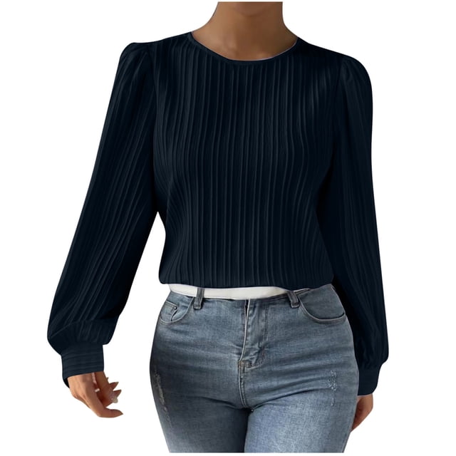 Timegard Hauts pour Femmes Blouse à Manches Longues Bouffantes Col Ras du Cou Chic Décontractée Ample Confortable Hauts Mode d'Automne