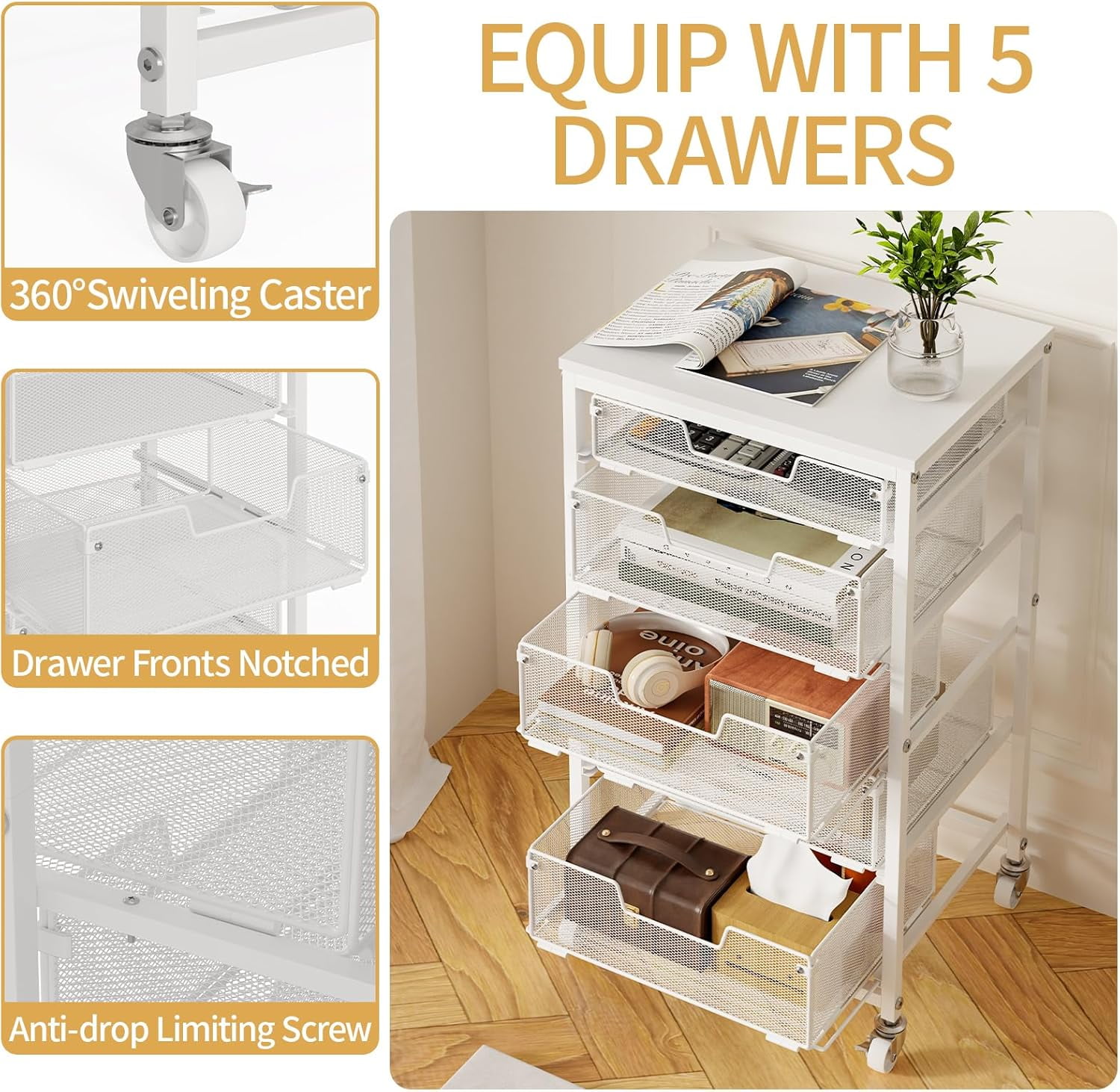 X-COSRACK 5-Drawer Rolling Storage Cart with Wooden Tabletop, Metal Mesh Utility Craft Organizer with Lockable Wheels for Office, Classroom, Bedroom & Salon, White
