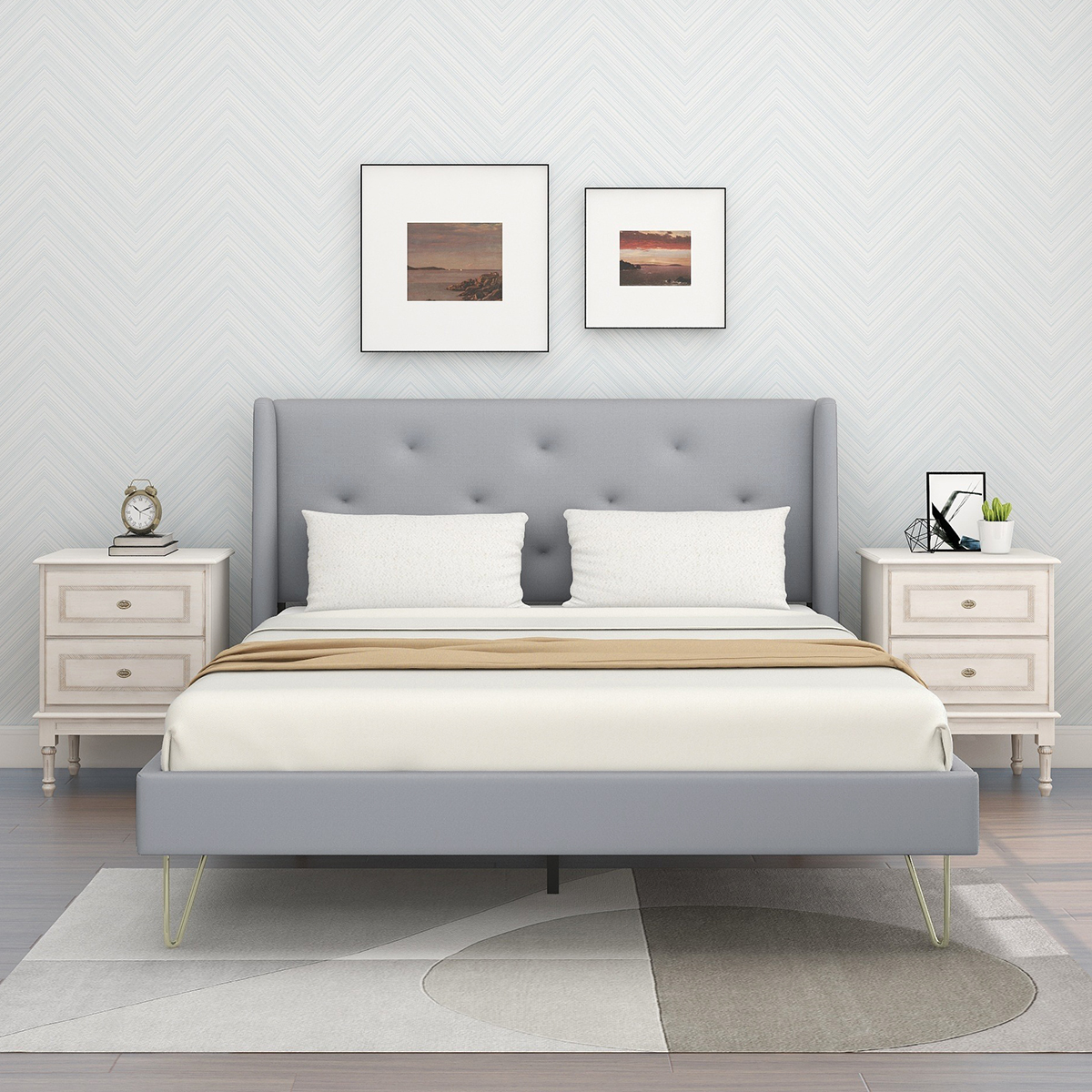 Queen Size Platform Bed, Upholstered Platform Bed Frame with Wingback Headboard, Metal Slats