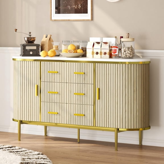Panapinka 59" Fluted Sideboard Buffet Cabinet with Faux Marble Top, 2 Sliding Doors & 6 Drawers, Modern Farmhouse Credenza, TV Media Console, Coffee Bar for Living Room, Dining Room, Kitchen