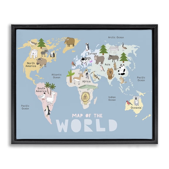 Kid's Map Of World Blue Black Framed Floater Canvas Wall Art, design by Carla Daly