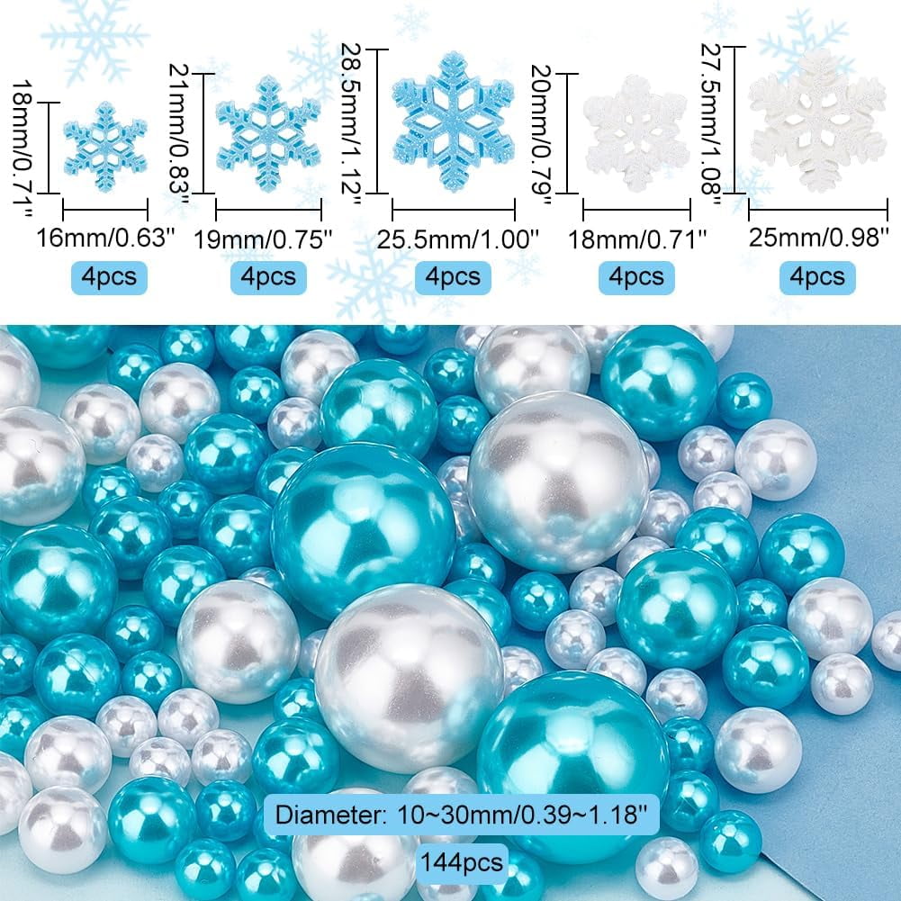 Floating Pearls for Centerpiece 144PCS No Hole Pearls for Vases 10/14/20/30mm Assorted Pearl Craft Beads with 20pcs Small Resin Snowflake Cabochons for Christmas Wedding Party Decor