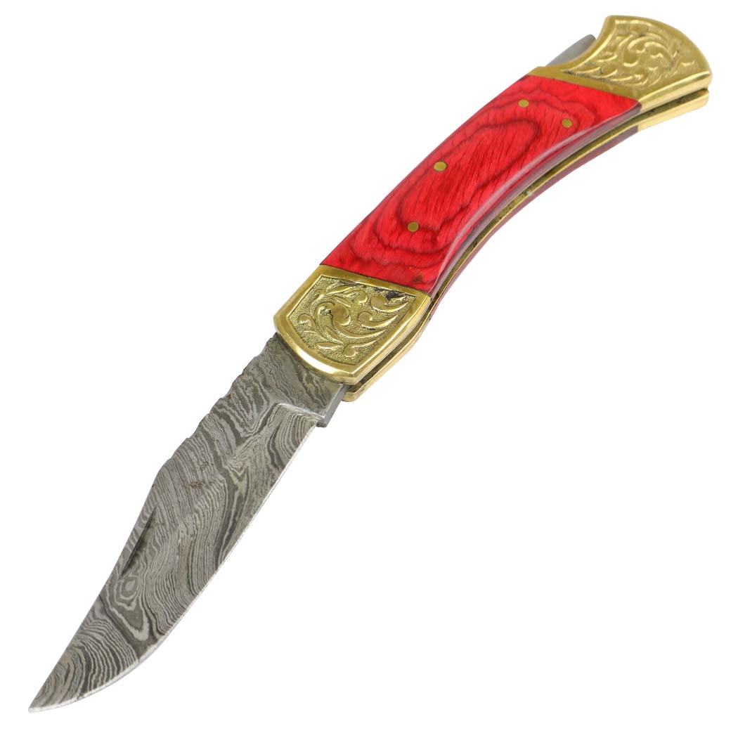 TheBoneEdge 9' Hand Made Damascus Blade Folding Knife Pakkawood Handle Red New