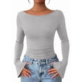 thumbnail image 3 of Women'S Long Sleeve Shirts Crop Going Out Tops Casual Boat Neck Bell Sleeve Ruched Light Gray M, 3 of 9