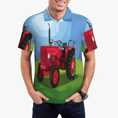 Logiee Tractor on farming land Print Mens Polo Shirts Mens Golf Polo Shirts Short Sleeve Casual Polo Shirts for Men Summer Fashion Beach Shirts-X-Large