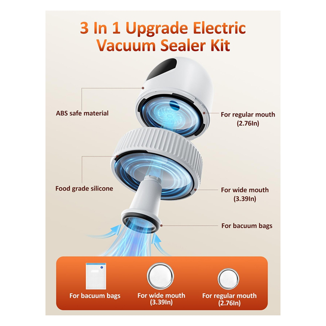 Kit de Scellage sous Vide pour Bocaux Mason Électriques - pour Bocaux Mason à Grand Ouverture et à Ouverture Régulière, pour Bocaux pour Stockage Alimentaire