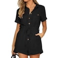 thumbnail image 4 of Wycnly Womens Jumpsuits Casual Button Down Elastic Waist Pocket Mini Jumpsuits Overalls with Belt Trendy Solid Lapel Short Sleeve Short Summer Rompers Black l, 4 of 7