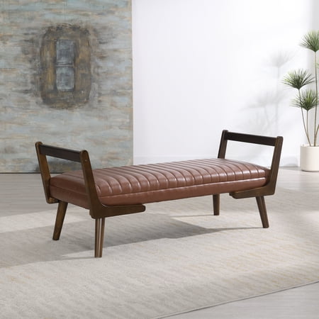 FFZ 52"L Mid-Century Bench with Channeled PU Upholstery and Solid Rubber Wood Legs, Cognac