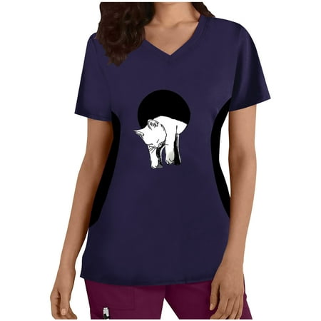 

Uniform Scrubs Tops Women Healthcare Tunic Uniform Tunic Tops Short Sleeve V-Neck Tops Easter Blouse Medic Cute Print Patchwork Hospital Doctor Workwear Holiday T-Shirt with Pockets