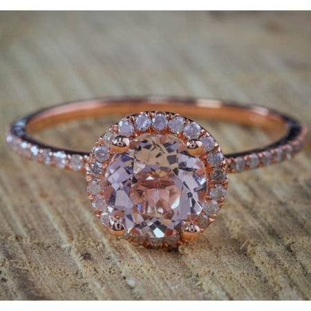 1.50 Carat Peach Pink Morganite (Round cut Morganite) and Diamond Halo Engagement Ring in 10k Rose