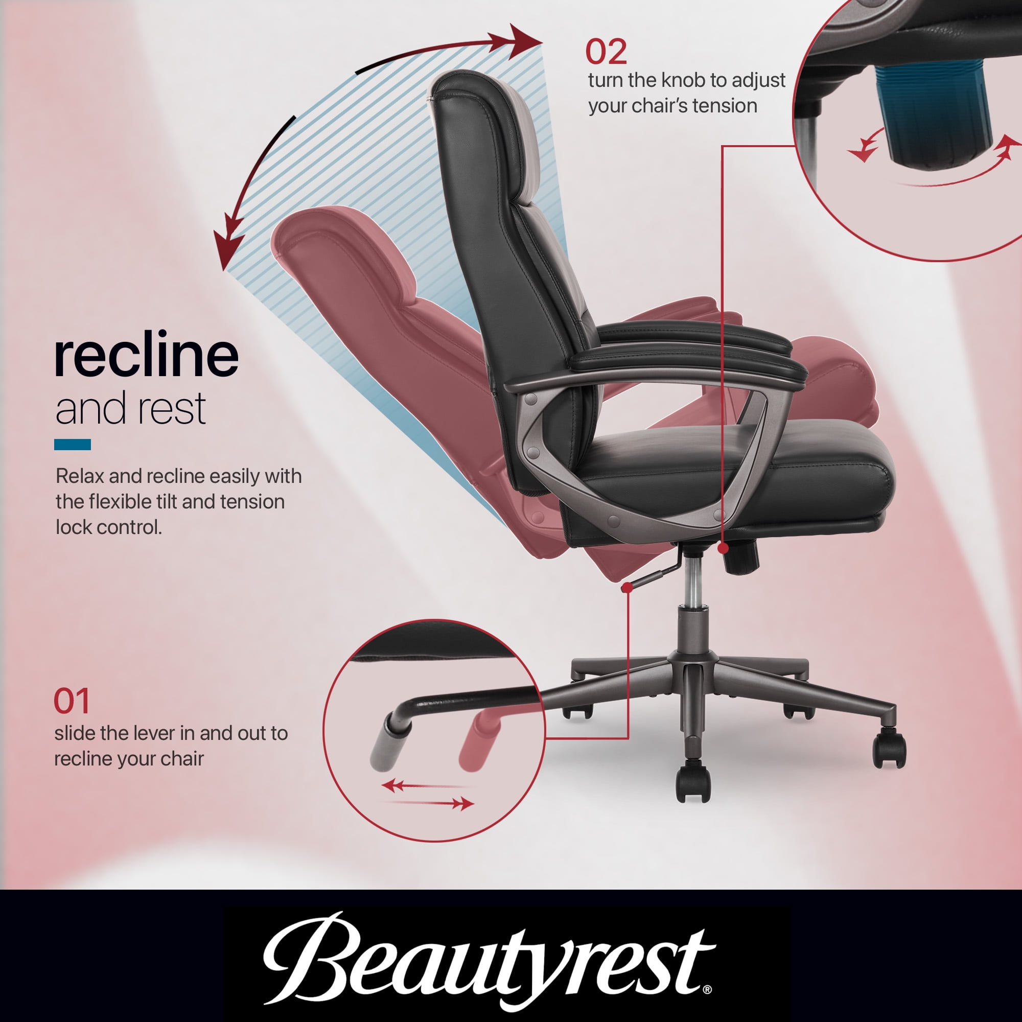 Beautyrest Amara Ergonomic Manager Office Chair with Padded Armrest for Teens Adults, Black