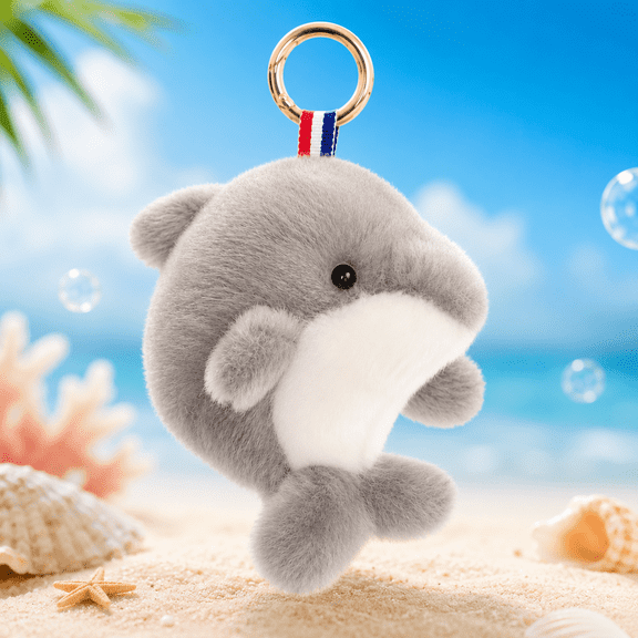 Cute Plush Dolphin Keychain Bag Charm – Soft Fluffy Animal Keyring for Girls, Kids & Women, Kawaii Backpack Accessory Gift, Gray, 6 Inch