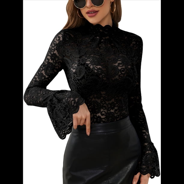 Blusas de Encaje para Mujer, Blusas Transparentes de Larga para Mujer, Blusas Informales Elegantes. Negro S