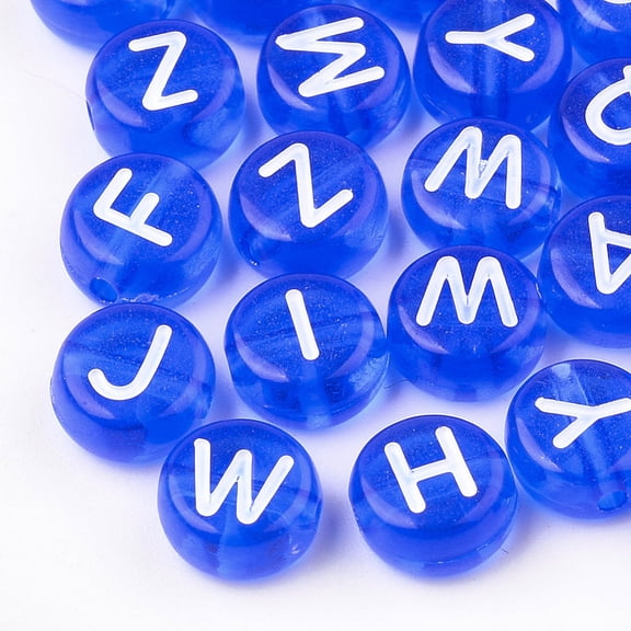 Transparent Acrylic Beads Horizontal Hole Mixed Letters Flat Round Blue 7x4mm Hole: 1.5mm