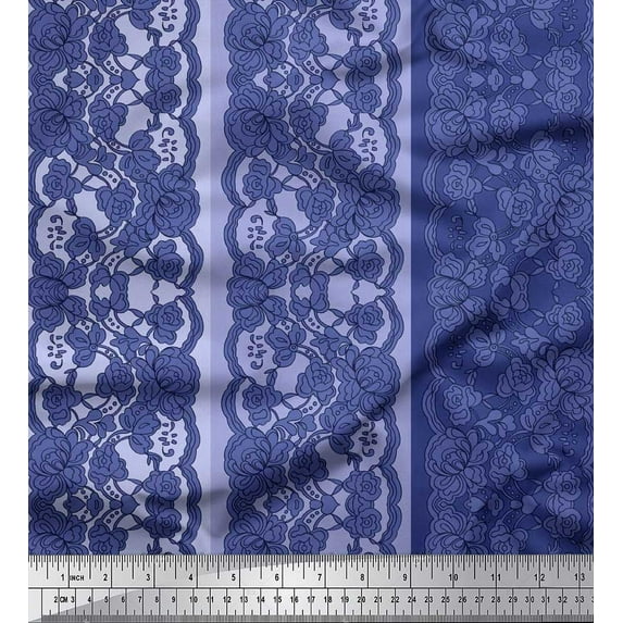 Soimoi Crepe Silk Fabric Stripe & Floral Ethnic Printed Craft Fabric by the Yard 42 Inch Wide
