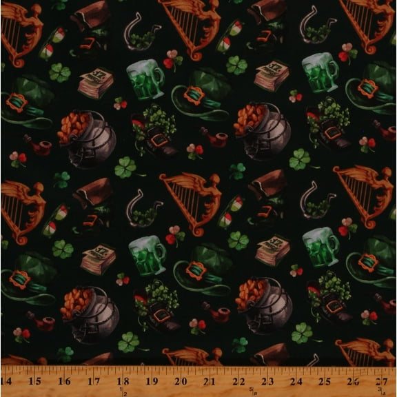 Cotton Saint Patrick's Day Shamrocks Pots of Gold Leprechauns Green Cotton Fabric Print by the Yard (120953)