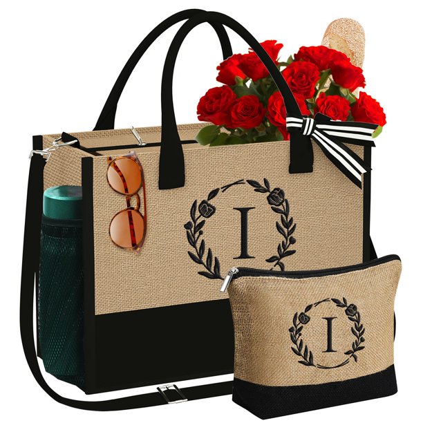 Yoolife Bolsa De Yute Con Inicial, Regalo Para Ella, Bolsa De Maquillaje, Bolsa De Yute, Para Playa, Madre, Profesora, Regalos De Cumpleaños, Boda, Bordado Hecho A Mano, Monograma, Regalos Personaliza