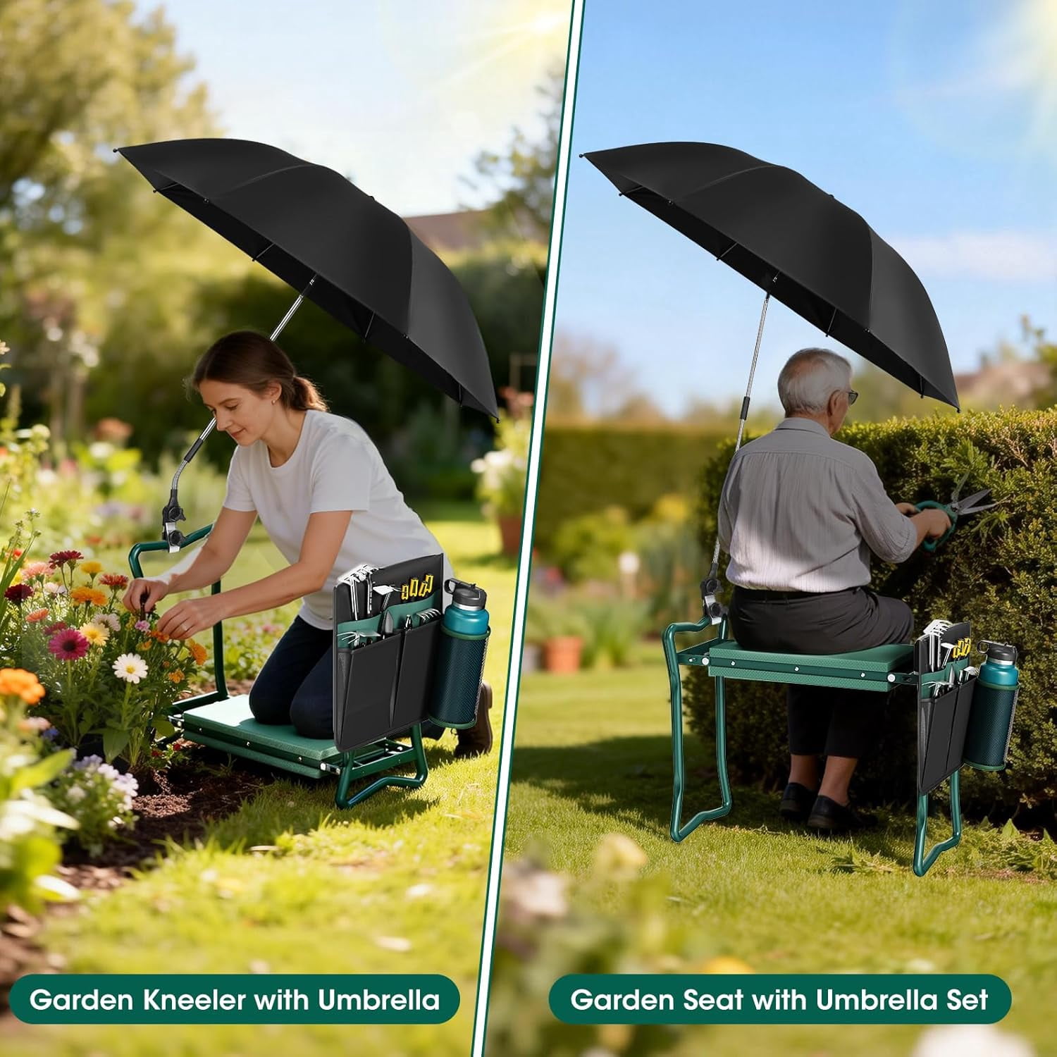 2-in-1 Garden Kneeler with Umbrella, Kneeling Bench & Black Umbrella, Portable Stool 330lb Capacity, Garden Tools Bag with Bottle Holder, Gardening Gift for Men Women Seniors