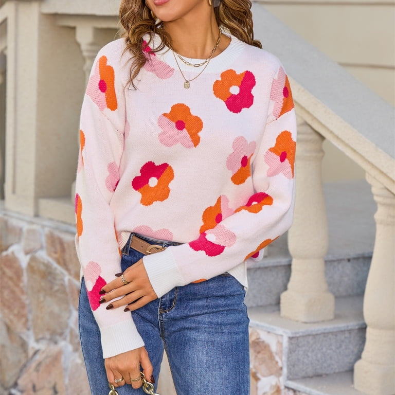 TFEOQRY Women's Floral Pattern Sweater Crew Neck Long Sleeve Knit