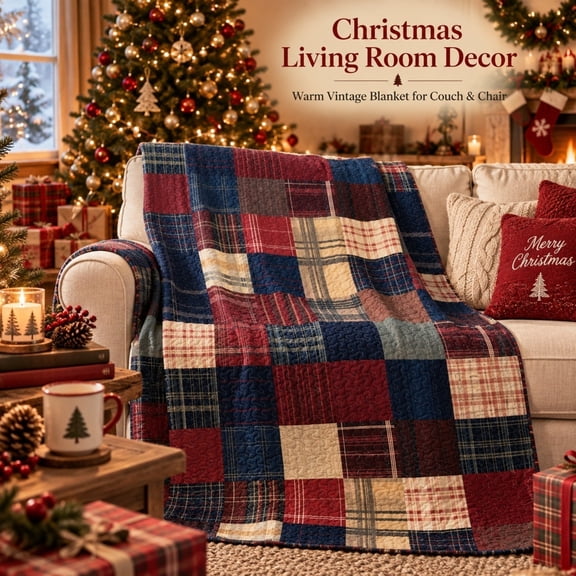 Christmas Quilted Throw Blanket Vintage Patchwork 39 x 59 inch, Flannel Red Green Blue Plaid Bedding Retro Festive Checkered Cozy Blankets for Sofa Couch Bed Home Decor