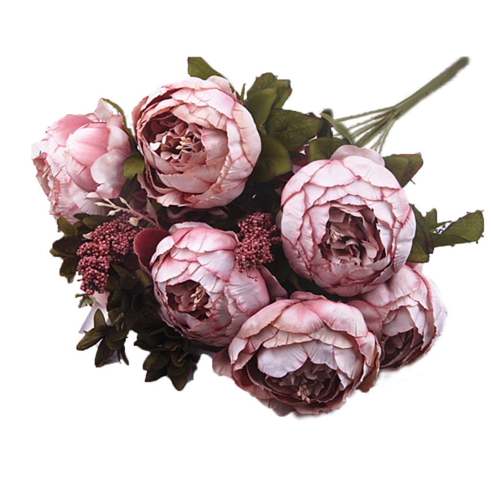 Fake Flowers Vintage Artificial Peony Silk Wedding Home Decor Bouquet Light Pink 