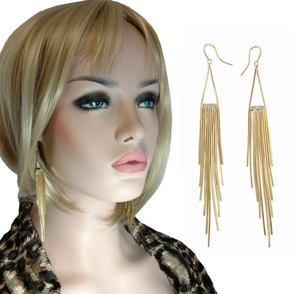 JLo Gold Tone Extra Long 5" Fringe Shoulder Duster Dangle Pierced Earrings Runway Fashion Ladies Adult Female