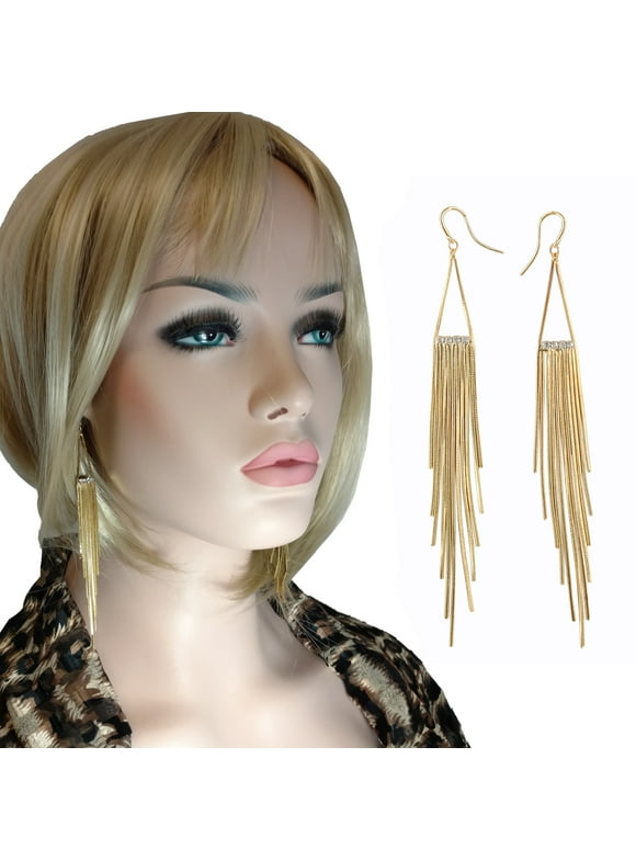JLo Gold Tone Extra Long 5" Fringe Shoulder Duster Dangle Pierced Earrings Runway Fashion Ladies Adult Female