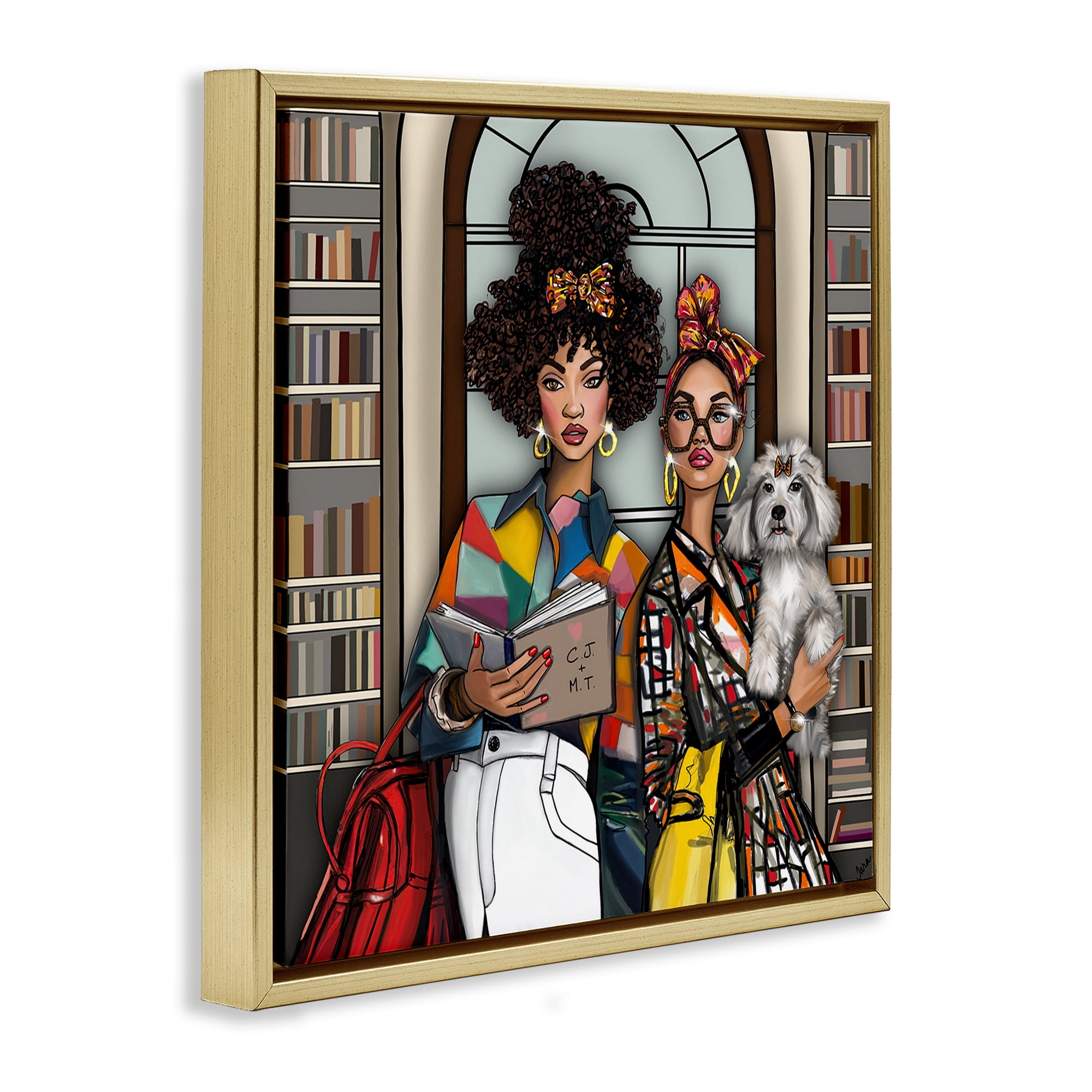 Stupell Industries Bookish Girls at Library Gold Framed Floater Canvas Wall Art, design by Tara Boone
