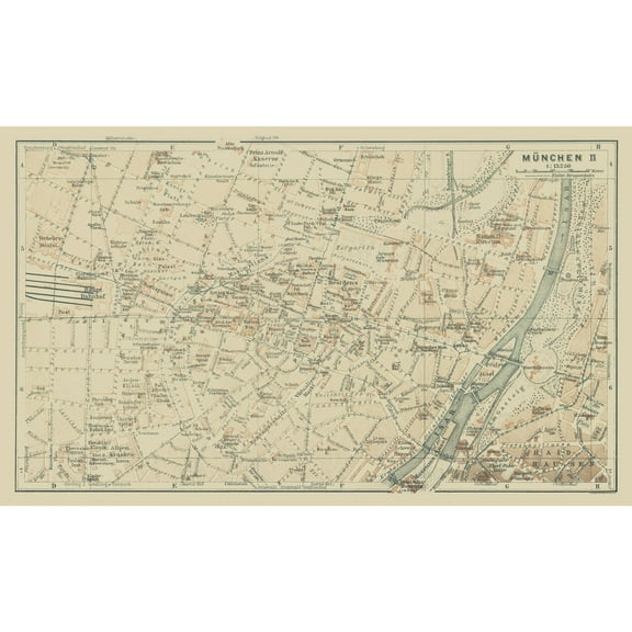 Historic Map - Central Munchen Germany  - Baedeker 1914 - 38.29 x 23 - Vintage Wall Art