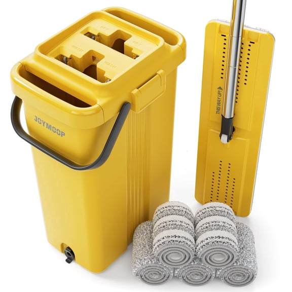 JOYMOOP Industrial Mop and Bucket Set, 17.7-inch Dust Mops for Floor Cleaning, Flat Mop Bucket with Wringer, Include 5 Reusable Microfiber Mop Pads - Yellow