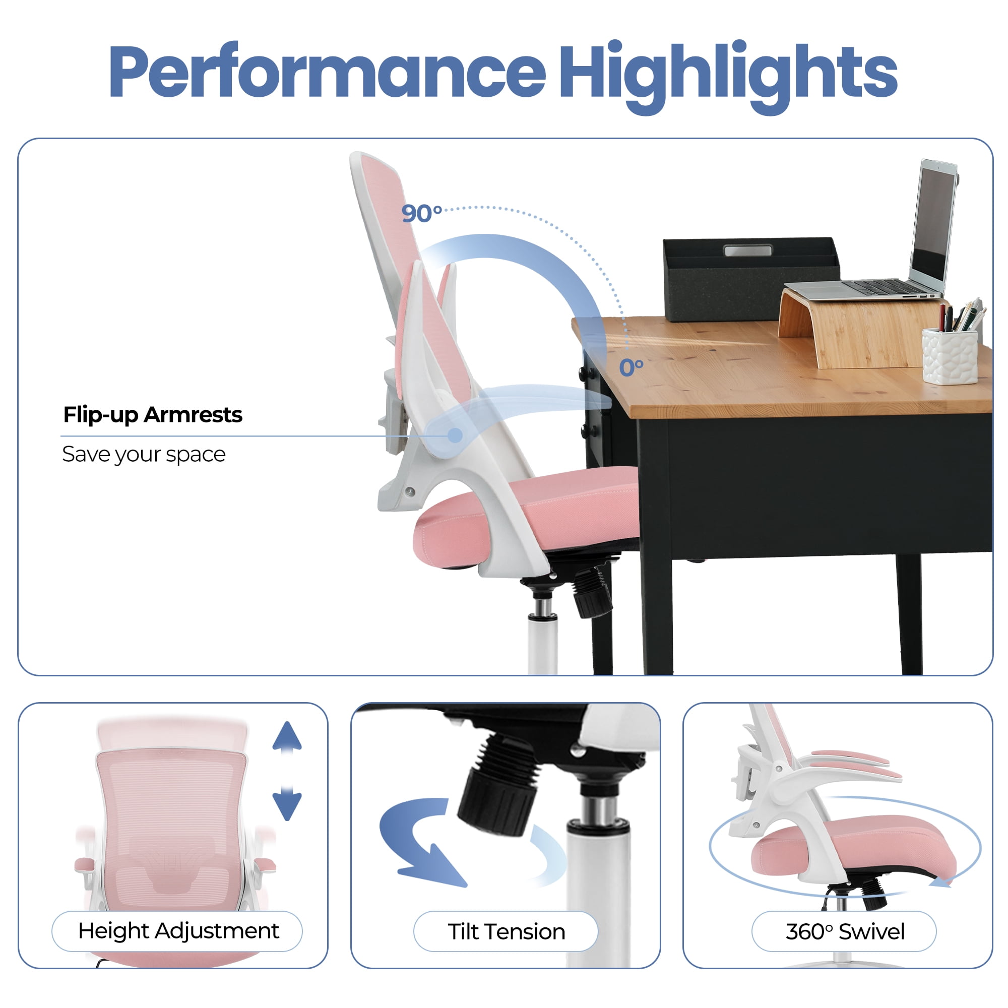 CELTOSS Ergonomic Office Chair, Wide Seat with Flip-Up Armrests, Lumbar Support, Adjustable Height, Comfy Home Task Computer Chair, Pink