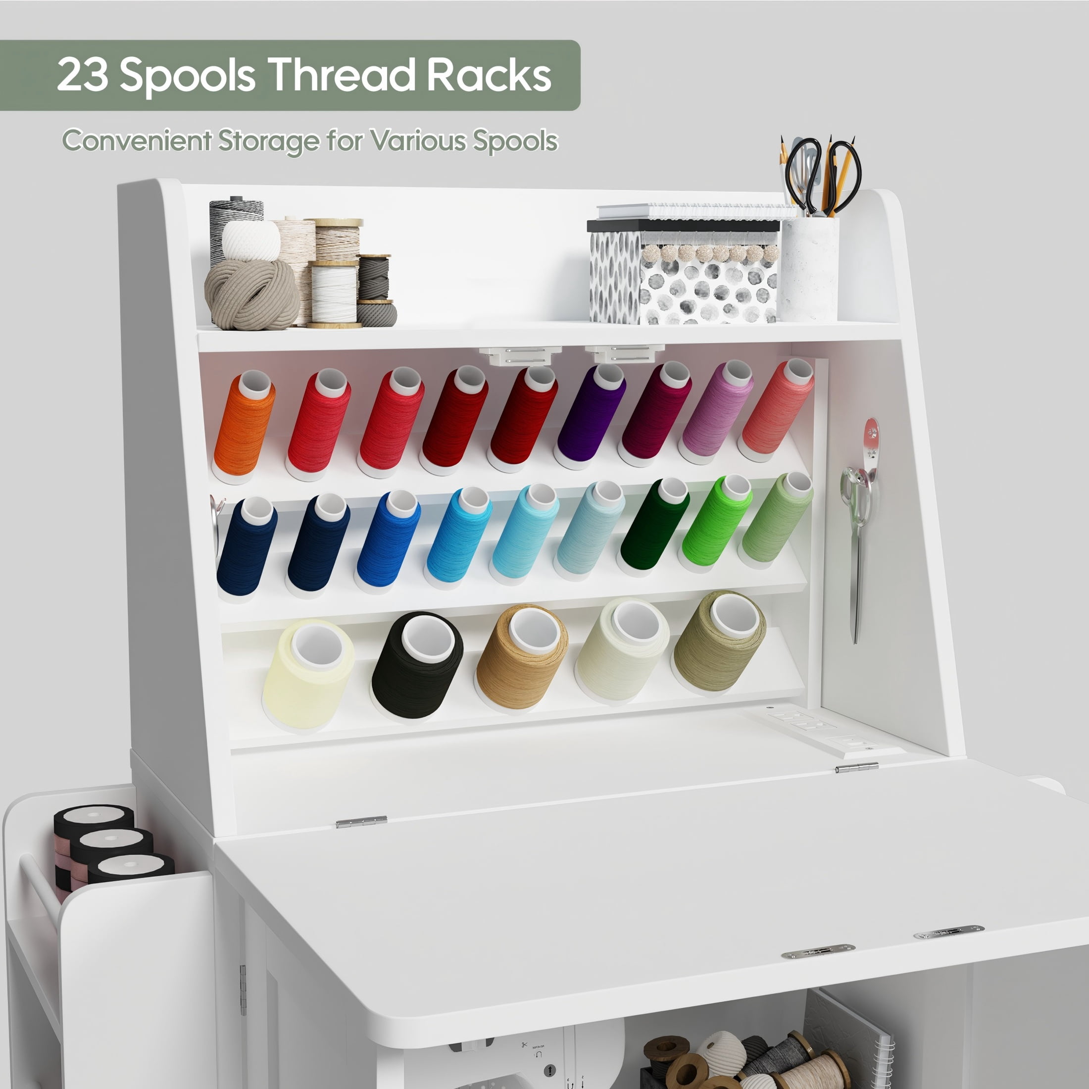 WARAYZ  Sewing Table & Storage Cabinet, Built-in Power Outlets, Spool Racks, Mobile Craft Desk with Lockable Wheels for Small Spaces, White