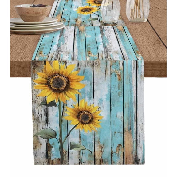 Summer Sunflower Table Runner 36 Inches, Blue Wood Grain Farmhouse Country Bed Runner Dresser Scarves Tabletop for Indoor Outdoor Parties/Ceremony/Banquet, 13"x 36"