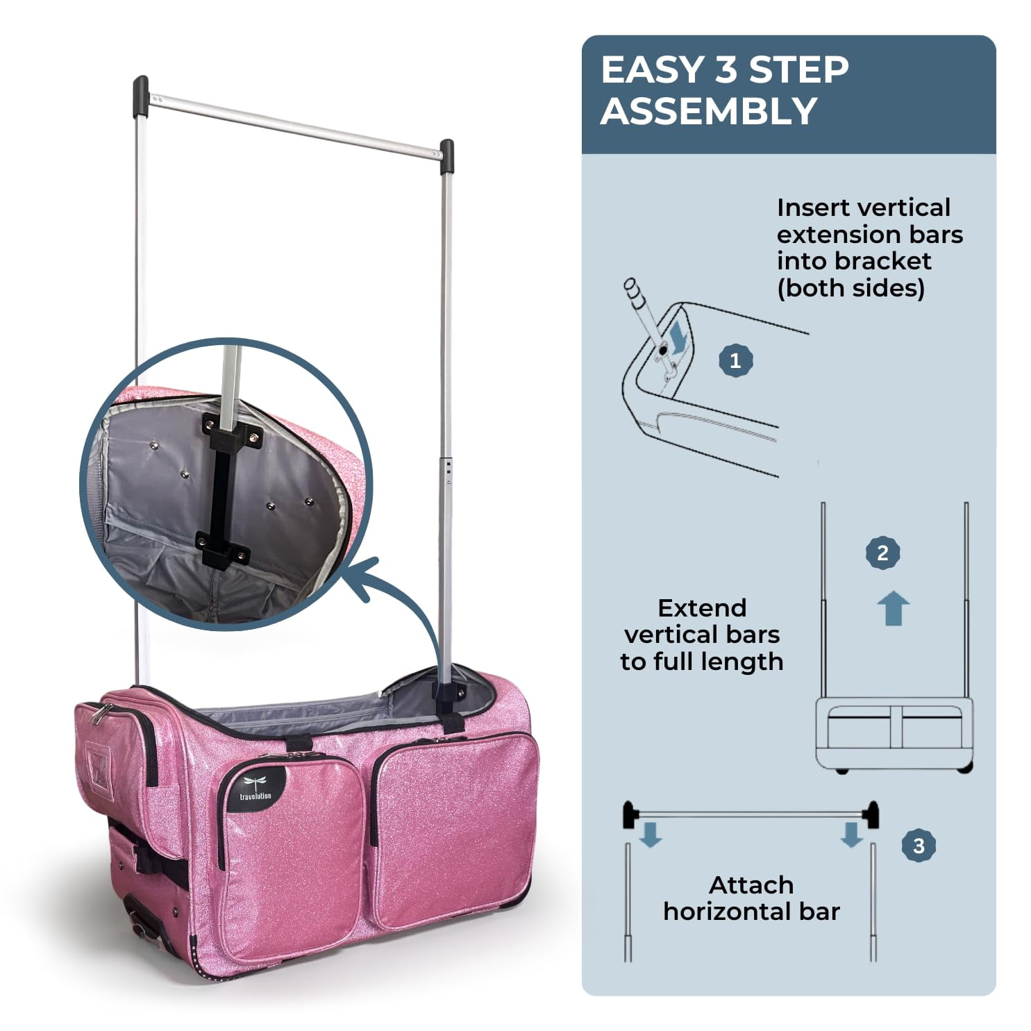 NEW! Travolution Dance Bag with Garment Rack, 23 Inch Rolling Duffel With Wheels, Ideal for Competitions & Travel, Easy-assembly Lightweight Aluminum Clothes Rack (Glitter Pink)