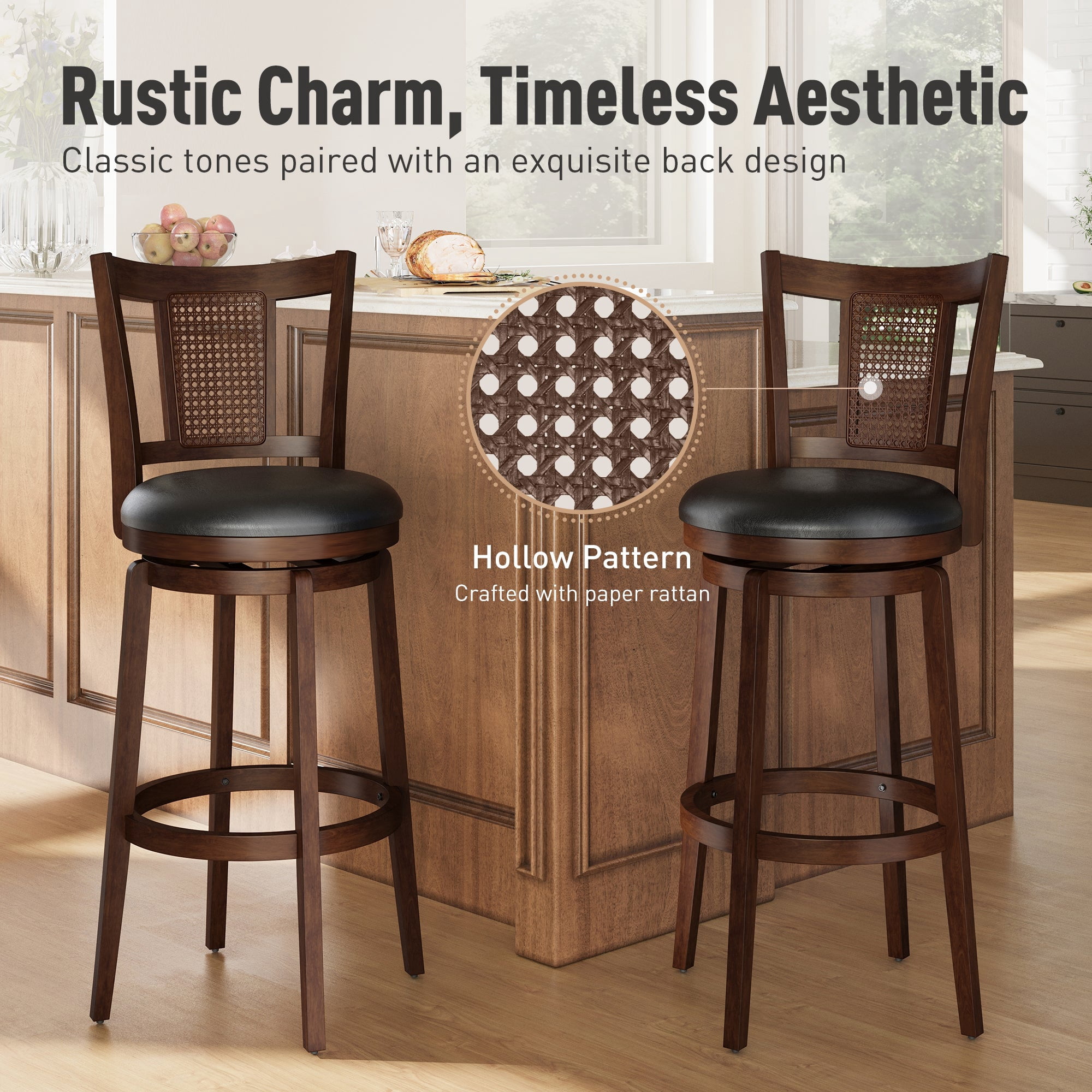 Sophia & William 30" Swivel Bar Stools Set of 2, Faux Leather Swivel Counter Height Stools with Curved Mesh Back for Kitchen Island, Black