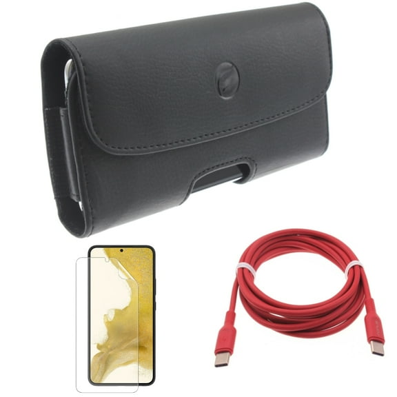 Case Belt Clip & Matte Screen Protector & Red 6ft Long Cable for Samsung Galaxy S22 (6.1") - Leather Holster & TPU Film Anti-Glare & USB-C to Type-C PD Fast Charger Accessory Bundle
