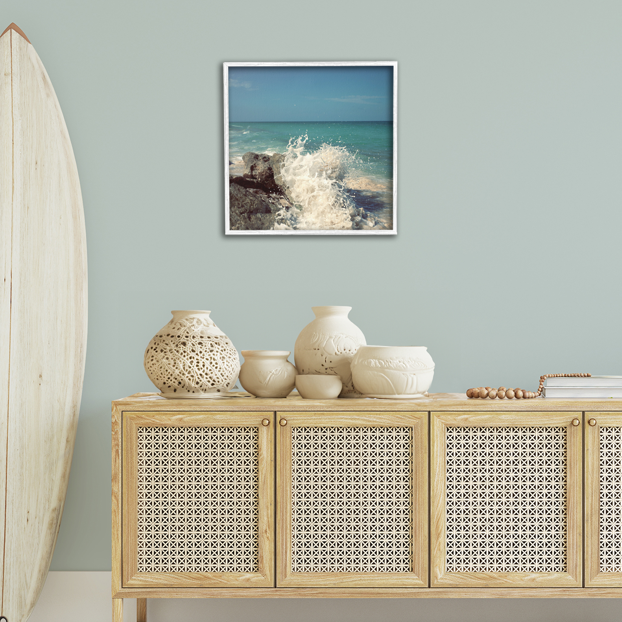 Stupell Industries Splashing Beach Spray Coastal Photography White Framed Art Print Wall Art, 24 x 24