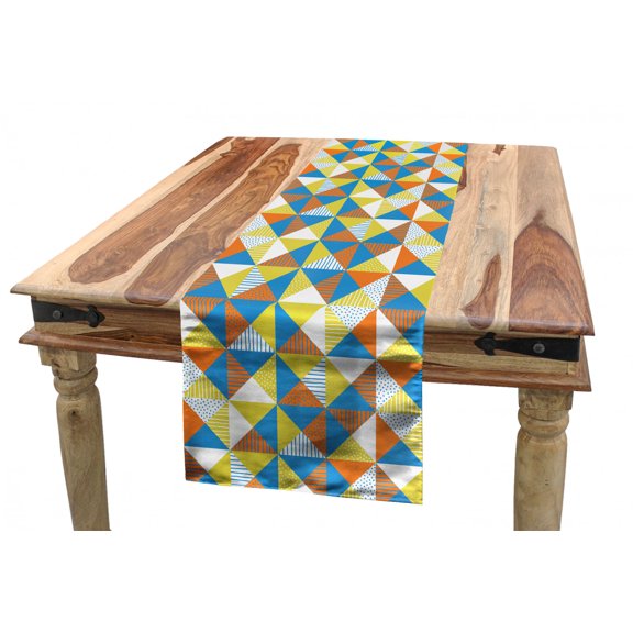 Geometric Table Runner, Stripes and Dots Pattern on Grid Style Triangles Ornate Composition Hand Drawn, Dining Room Kitchen Rectangular Runner, 3 Sizes, by Ambesonne