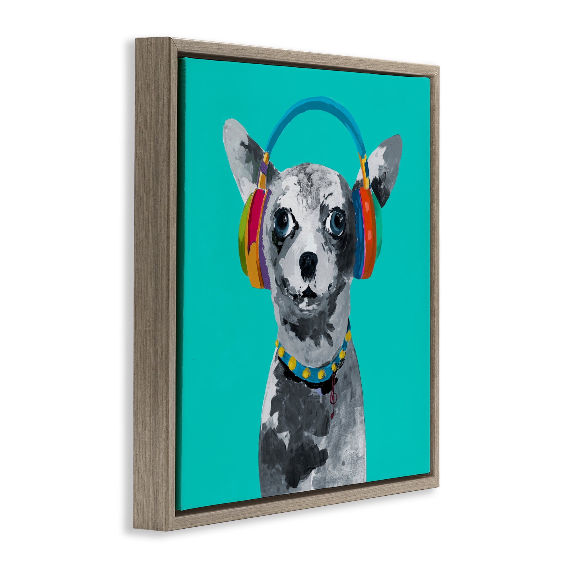 Stupell Industries Jammin' Pup on Blue Brown Framed Floater Canvas Wall Art, design by Lorenzo Collective