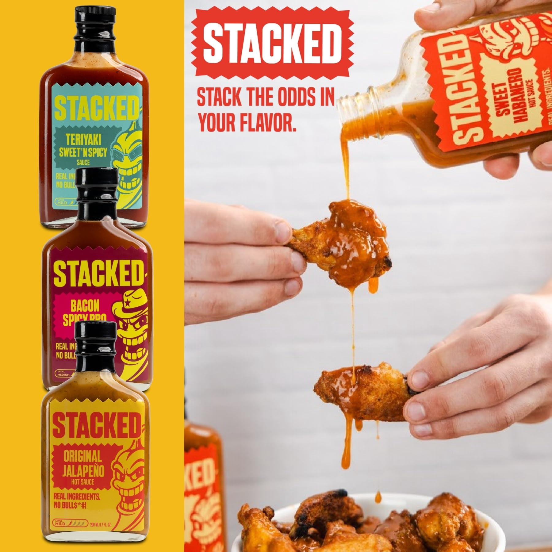 STACKED - Hot Sauce Variety Pack, Original Jalapeño, Bacon Spicy BBQ & Teriyaki Sweet 'n Spicy - 6.7 fl oz, Pack of 3