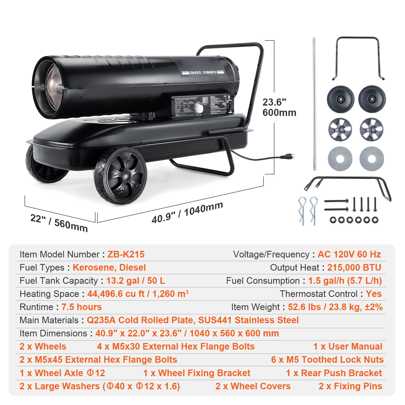 VEVOR Portable Kerosene Forced Air Heater 215000 BTU Indoor Outdoor 13.2gal Tank