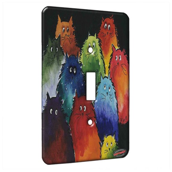 KuzmarK™ Single Gang Toggle Switch Wall Plate - Very Colorful Two Tone Maine Coon Kitties Abstract Cat Art by Denise Every