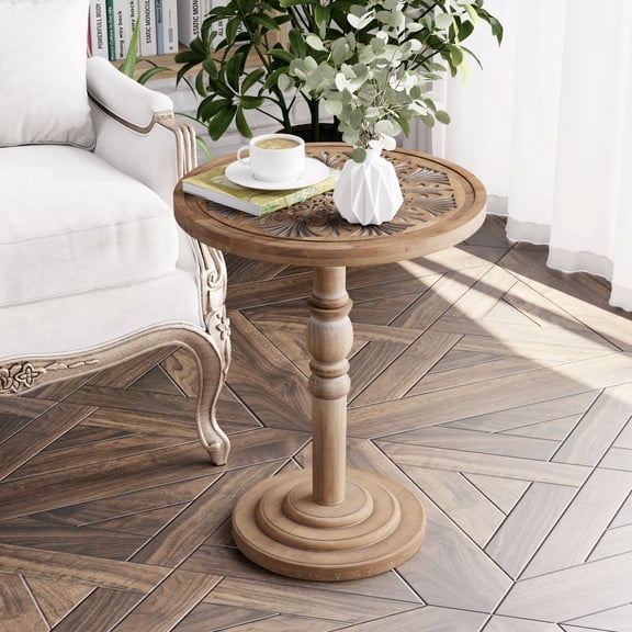COZAYH Farmhouse Round Side Table with Carved Top, Rustic Pine Wood Pedestal Accent Table for Living Room, Bedroom, Distressed Finish, Natural Wood
