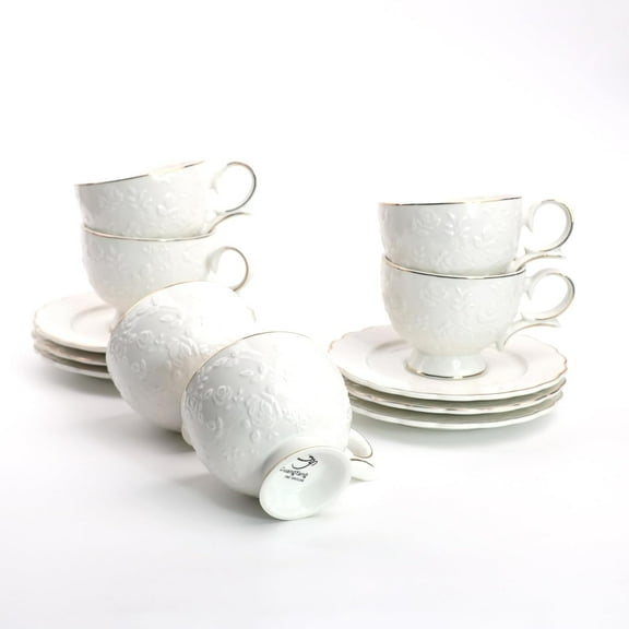 12 Pieces Fine Porcelain Unique Embossed Rose Tea Cups and Saucers set of 6 Special Handmade Gold Line Ceramic Cup for Cappucino