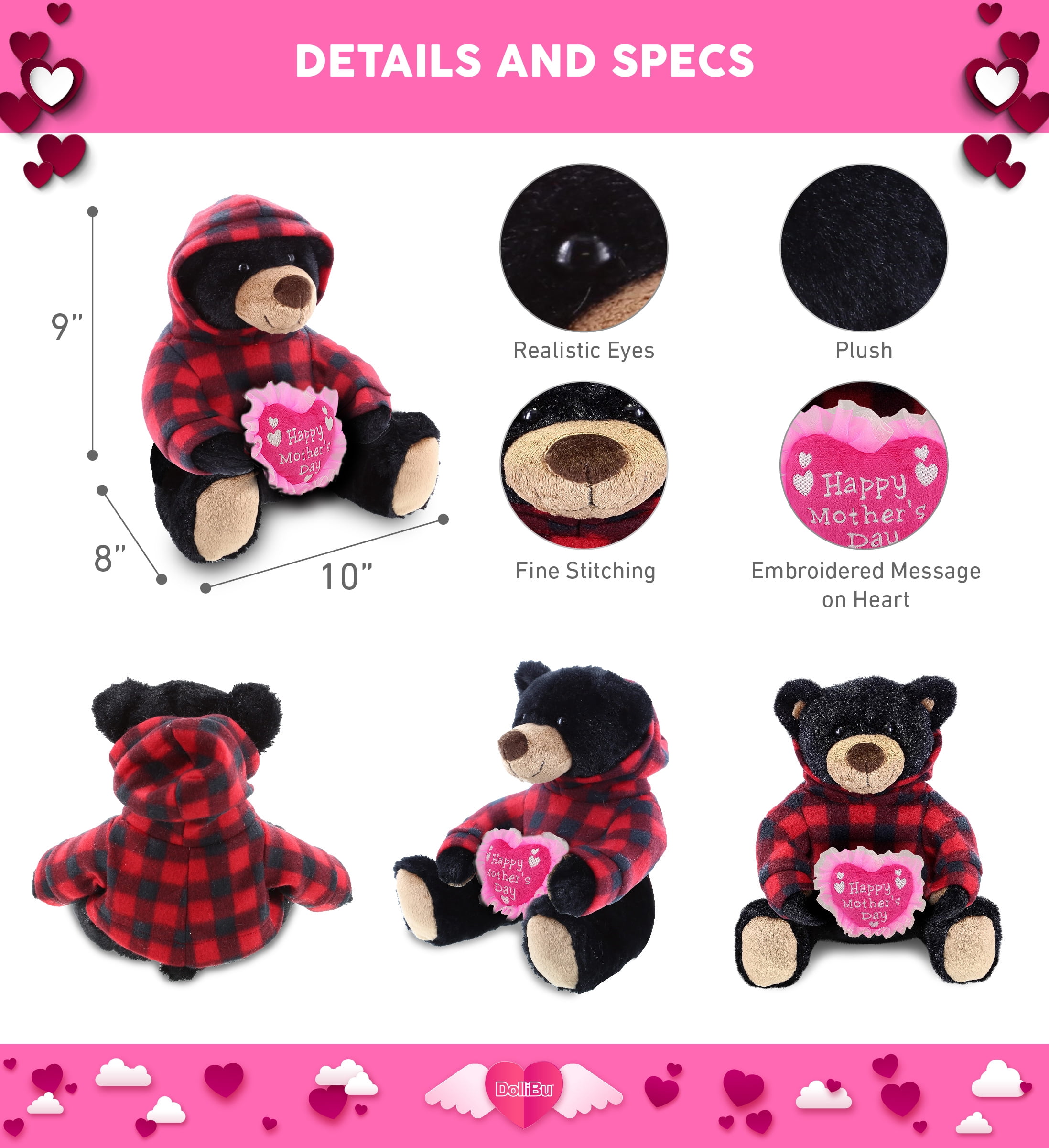 DolliBu Happy Mother's Day Super Soft Plush Black Bear With Red Plaid Hoodie - Cute Stuffed Animal with Pink Heart Message for Best Mommy, Grandma, Wife, Daughter, Wild Life Plush Toy Gift - 10 Inches