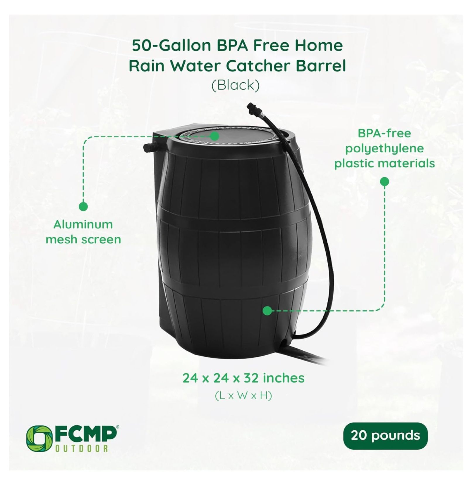 Portable Rainwater Catcher Barrel with Spigots Black 50 Gallon